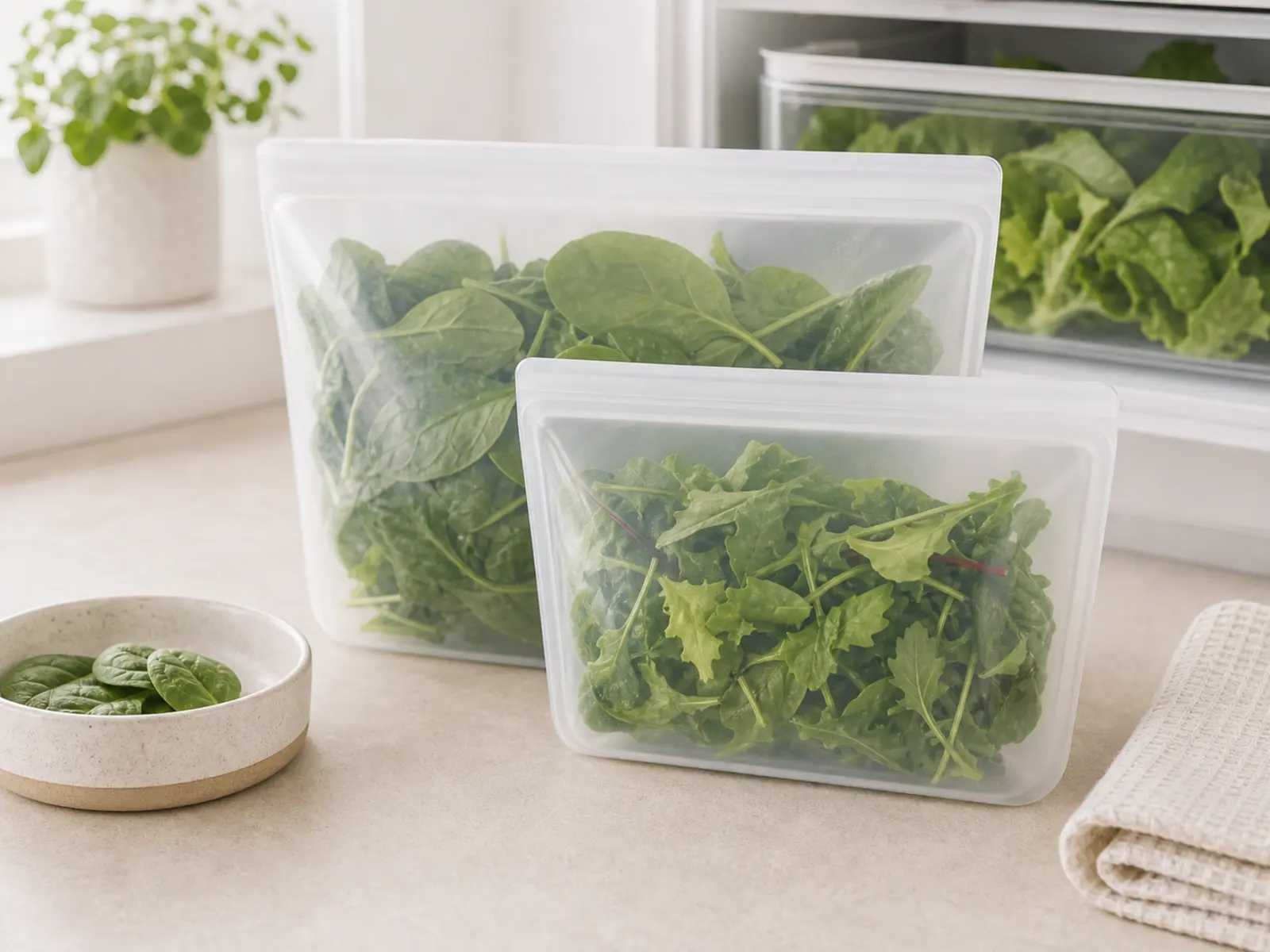 Reusable fresh food storage bags on a clean counter