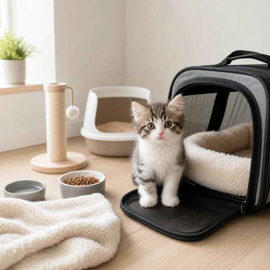 Kitten near a simple feeding setup