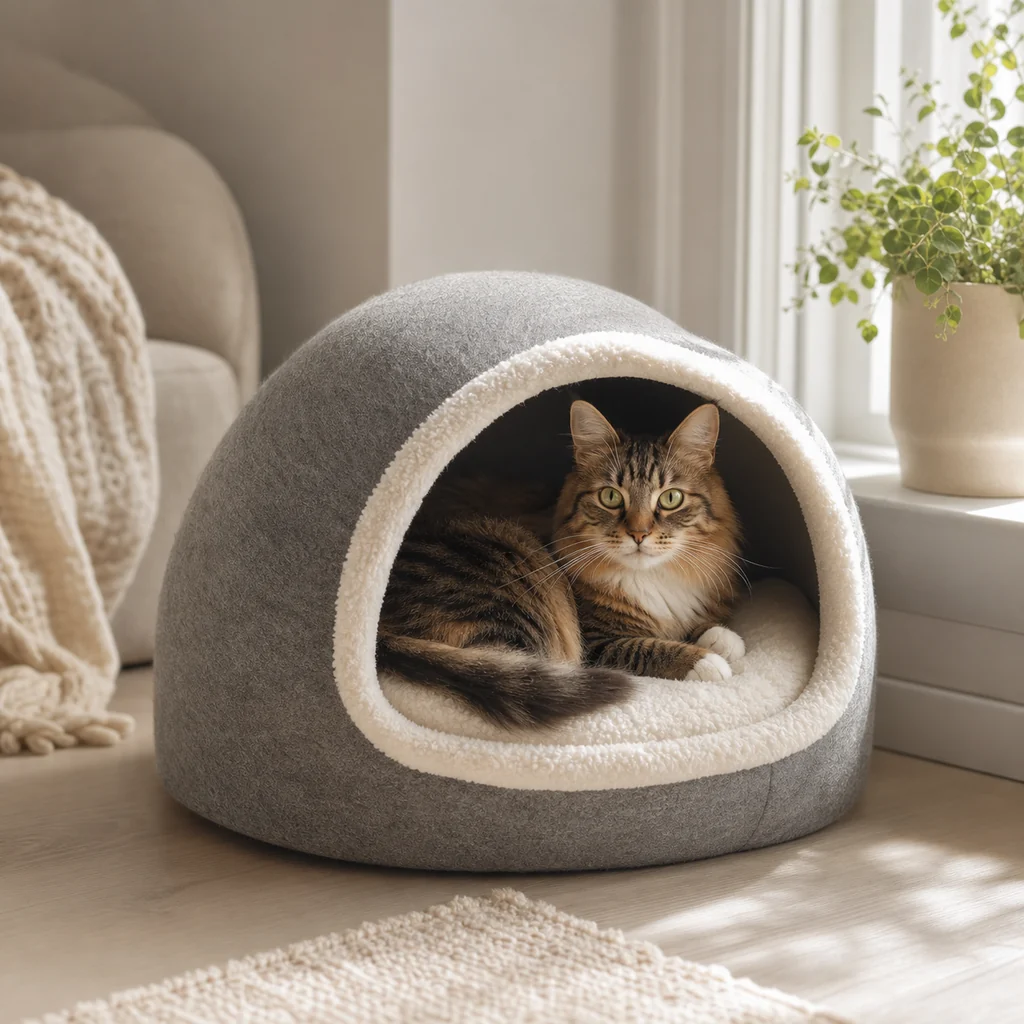 Cat resting in a soft cave bed near a sunny window