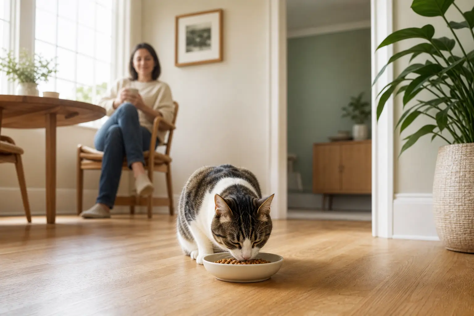 Cat eating from a shallow bowl while its person sits calmly several feet away