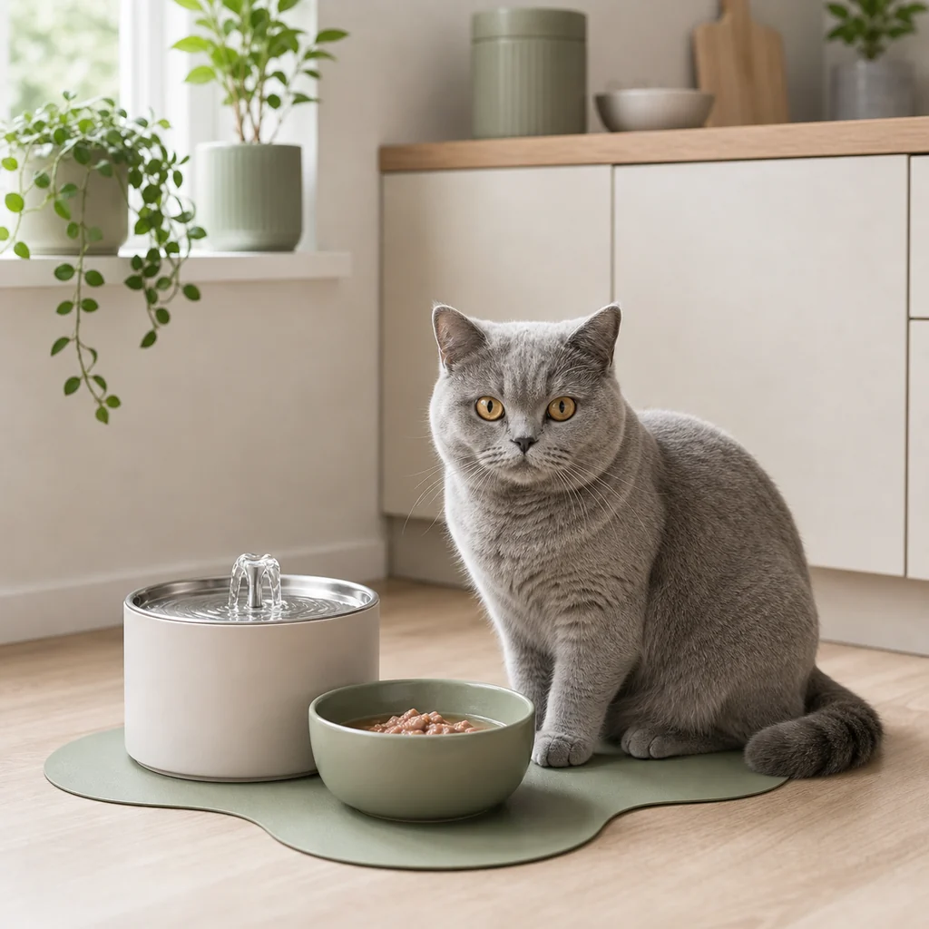 Cat beside a clean food and water setup