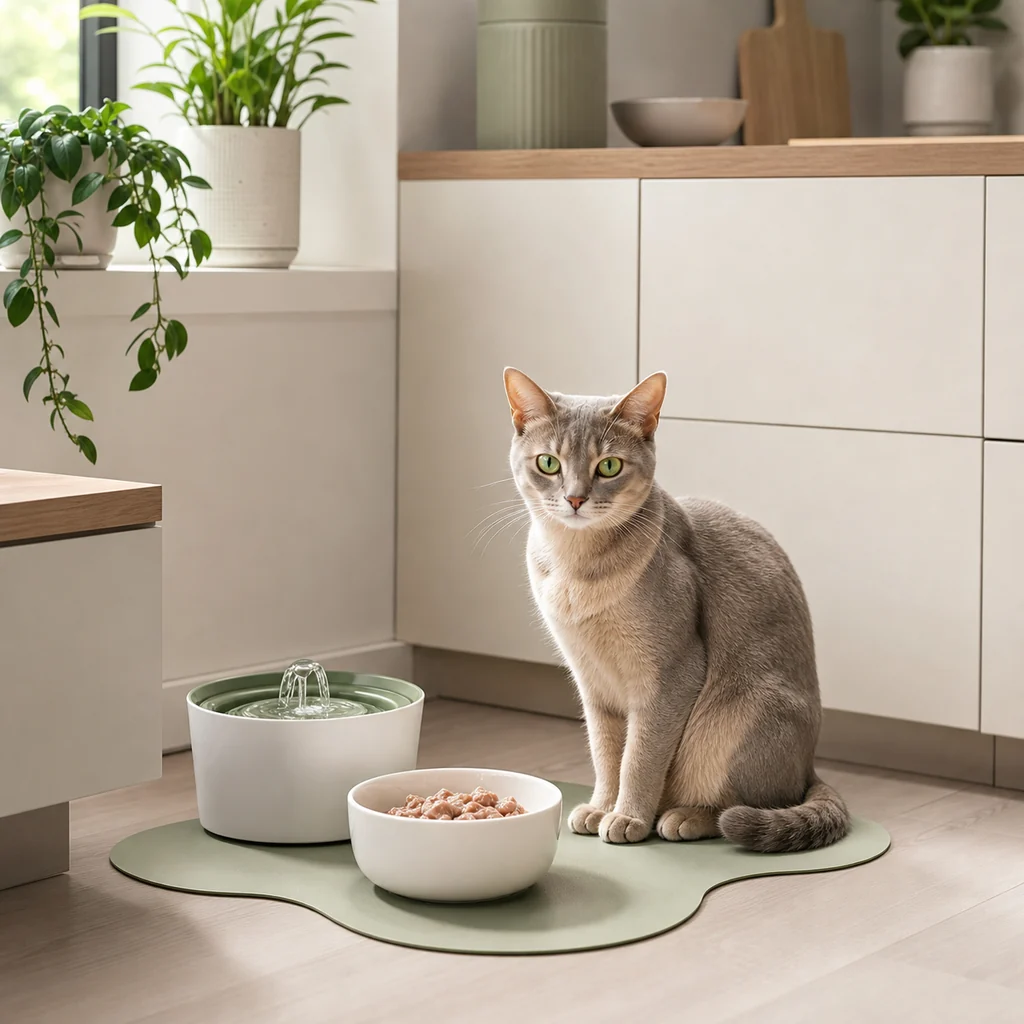Cat food and water setup in a bright kitchen