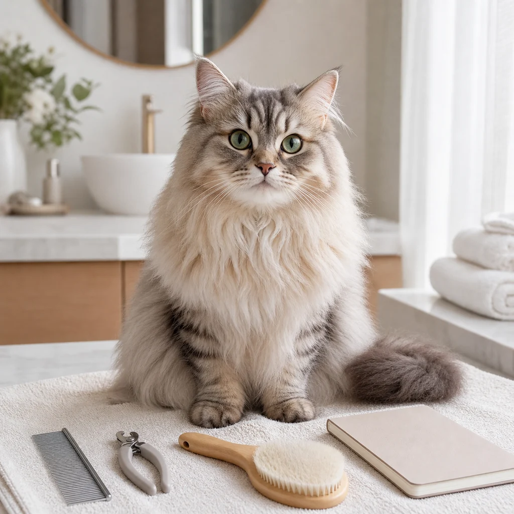 Cat beside grooming and health care tools