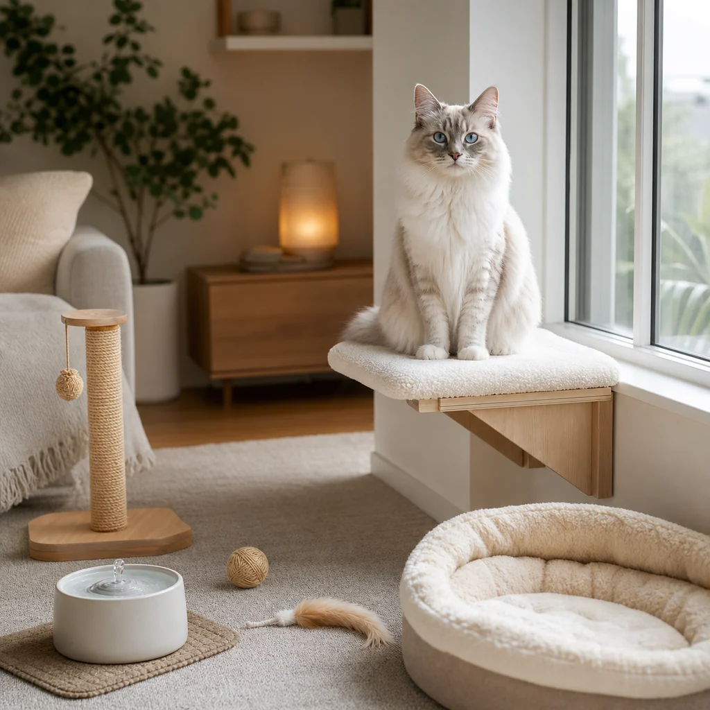 Cat in a calm home setup with bed, scratcher, and bowls