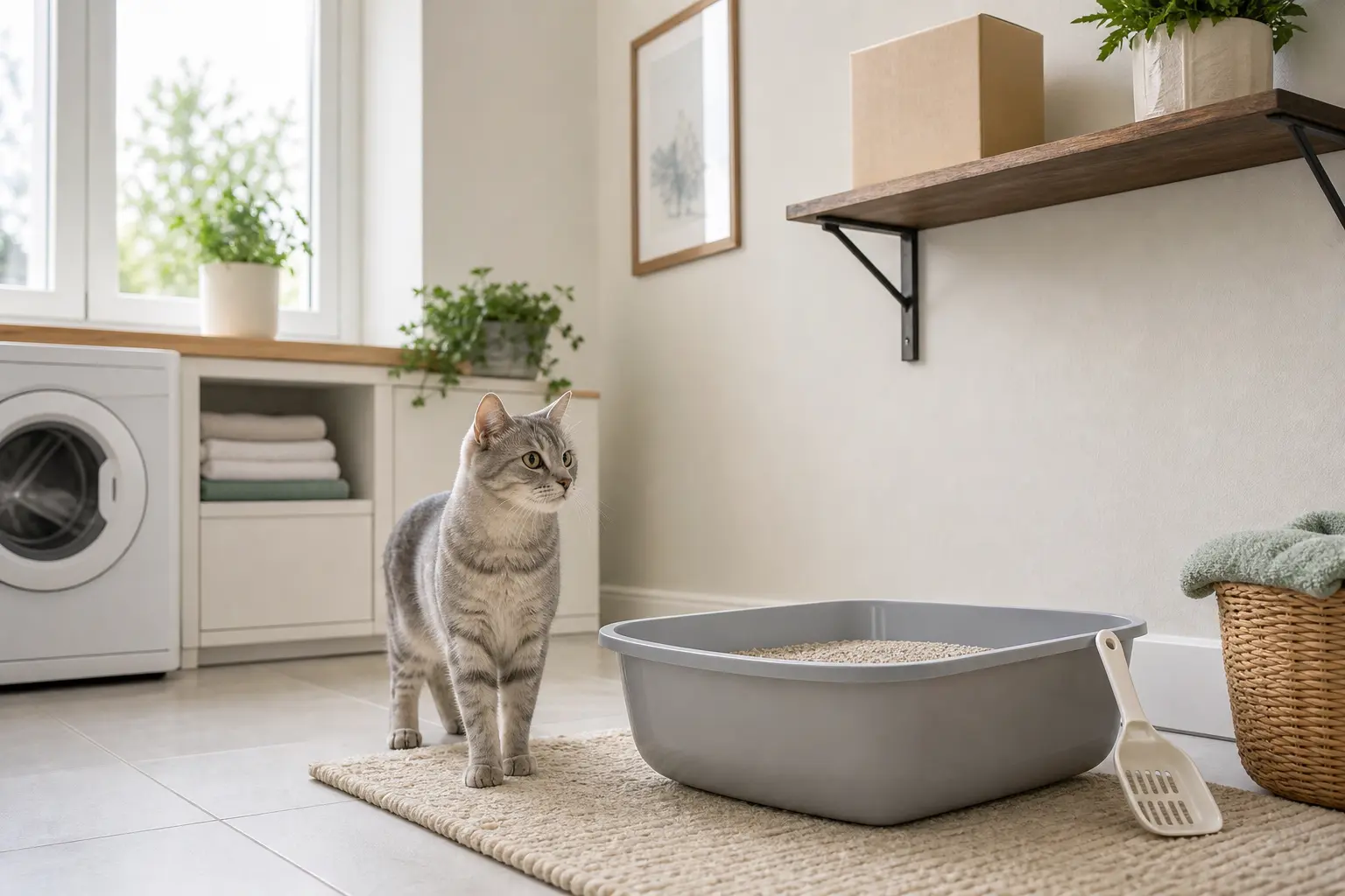 Cat beside a clean uncovered litter box while a sealed box of baking soda stays out of reach on a high shelf