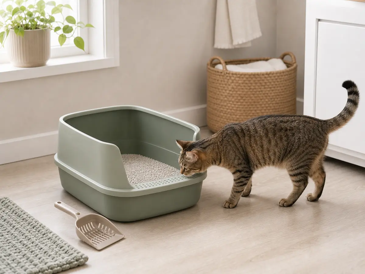 Cat near an easy litter box route