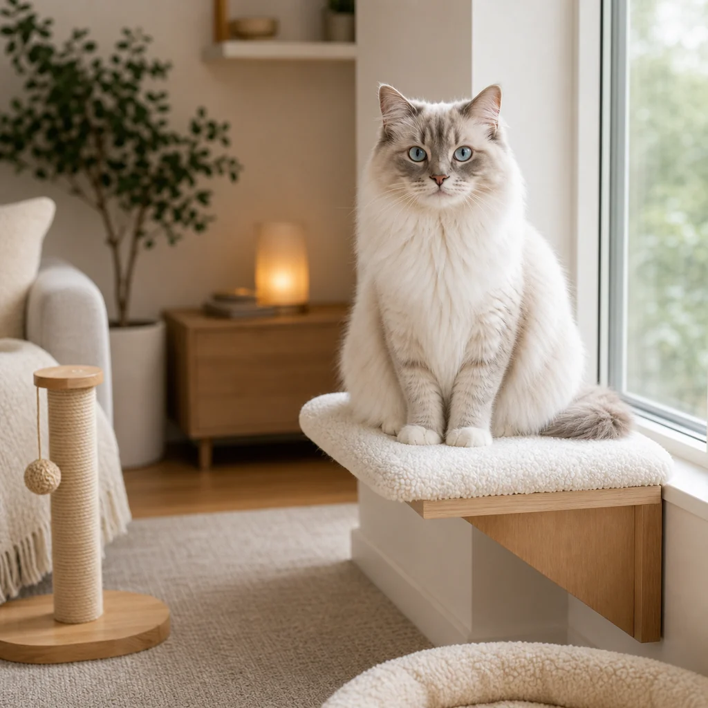 Calm cat in a bright home while someone compares cat choices