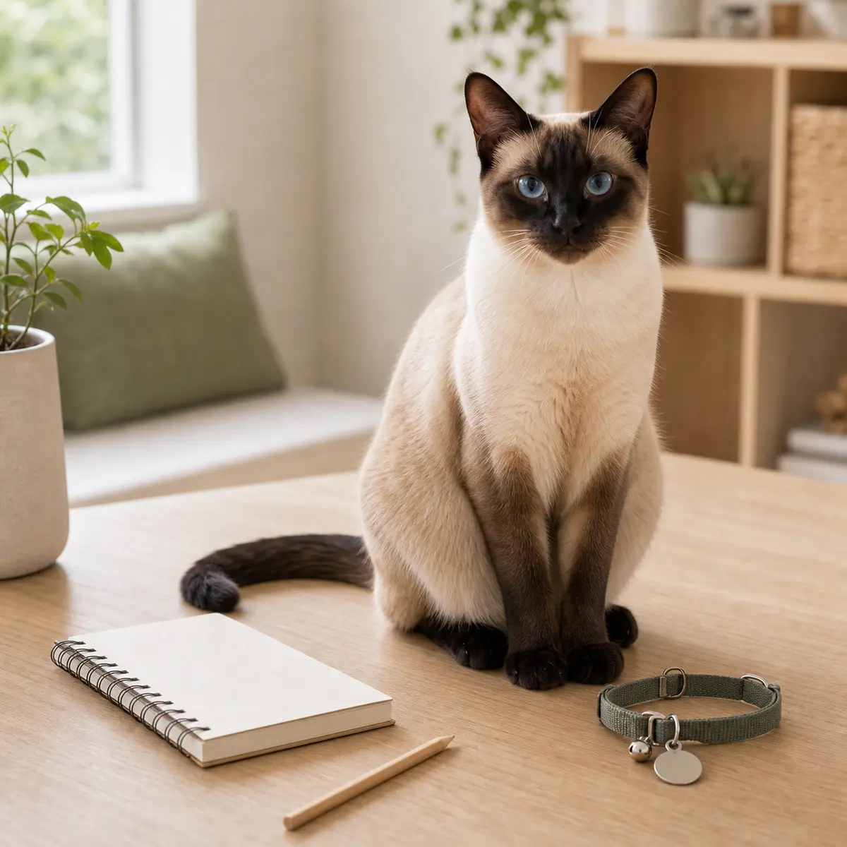 Cat sitting near a small name notebook