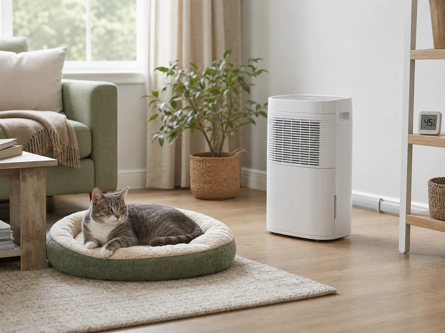 Cat resting safely several feet from a stable dehumidifier while a hygrometer reads 45 percent