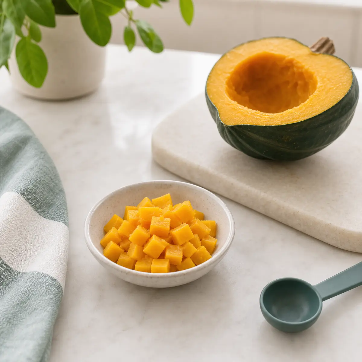 Tiny plain acorn squash portion for a cat food safety check