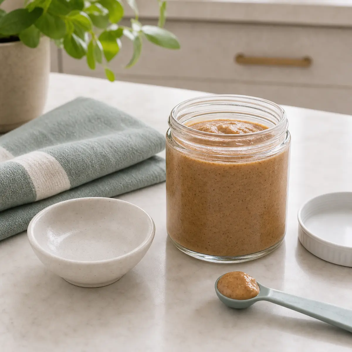Tiny almond butter portion for a cat food safety check