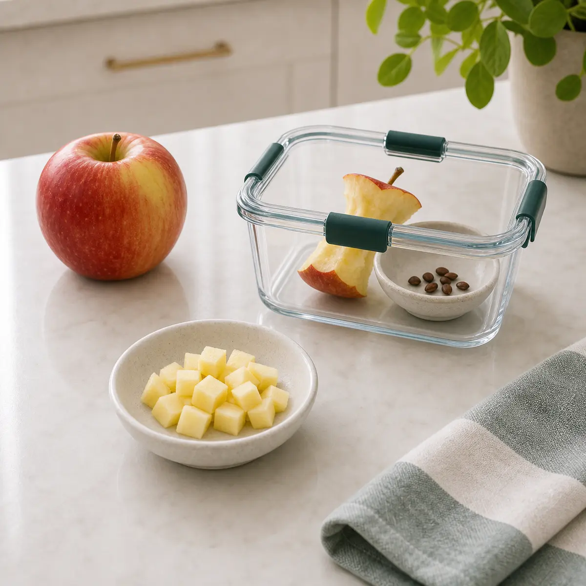 Tiny plain apple pieces for a cat food safety check