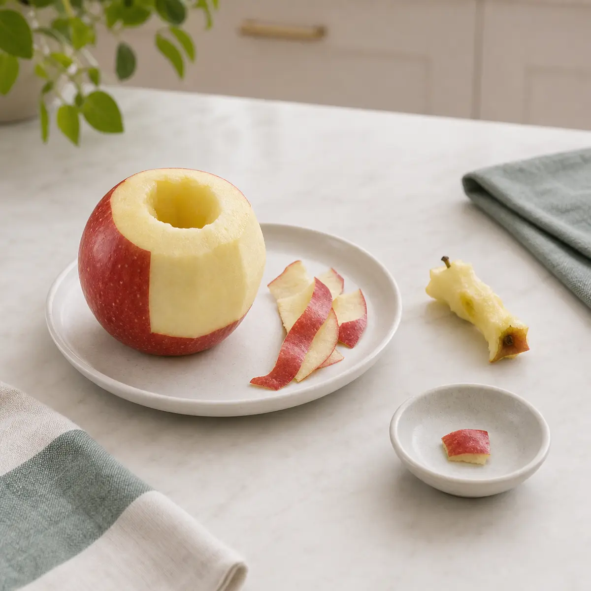 Tiny washed apple skin piece on a saucer beside peeled apple slices