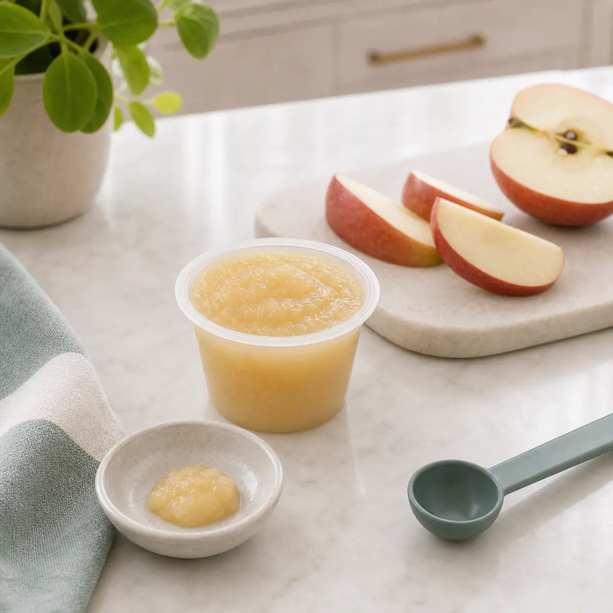 Tiny plain applesauce portion for a cat food safety check
