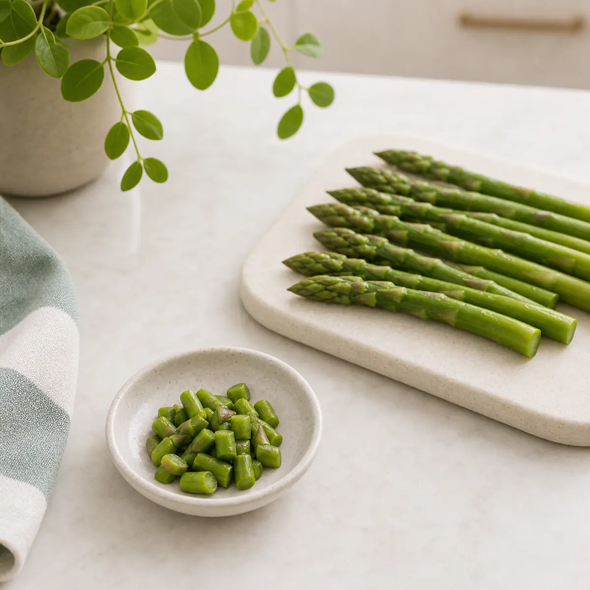 Tiny plain asparagus portion for a cat food safety check
