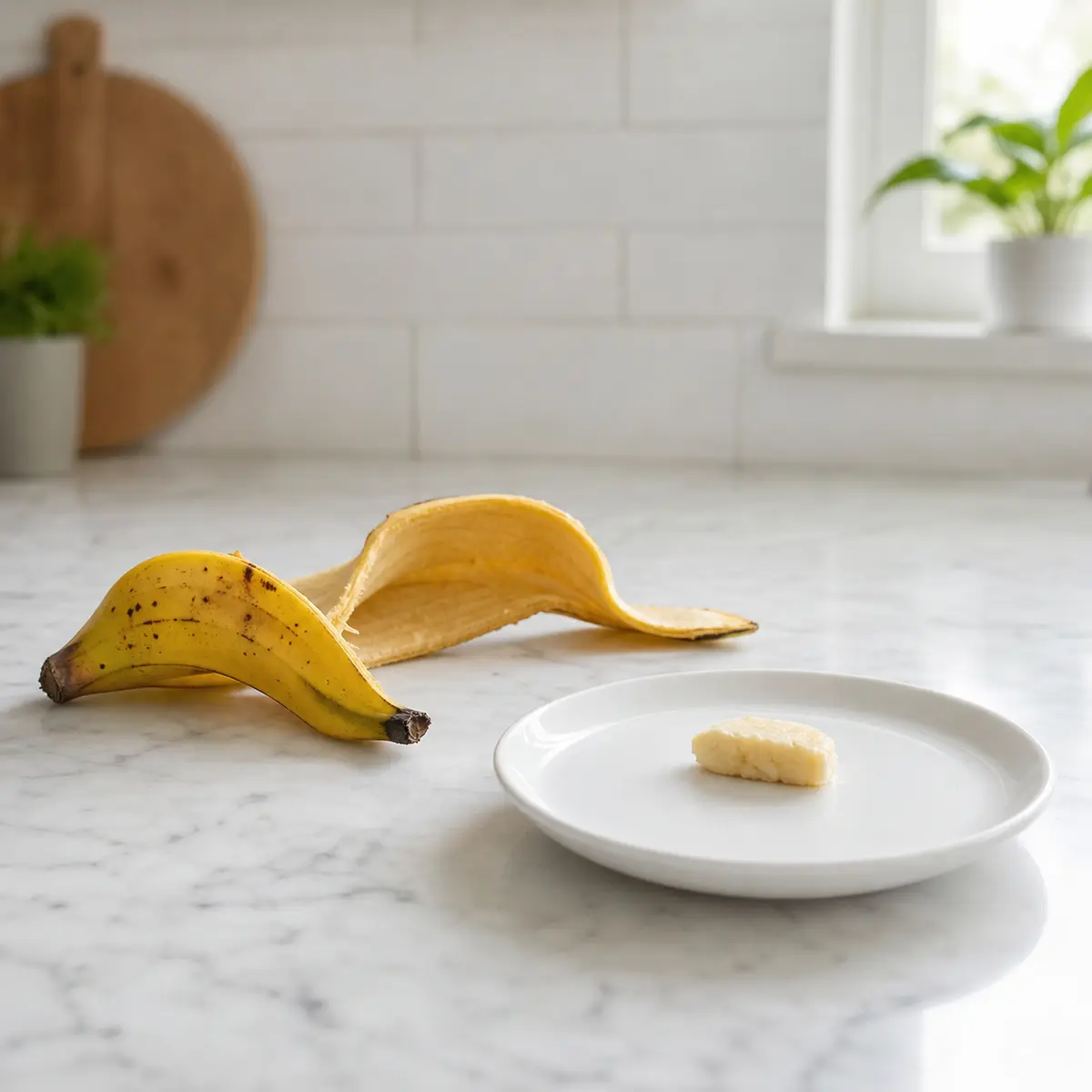 Banana peel set aside from a tiny banana piece