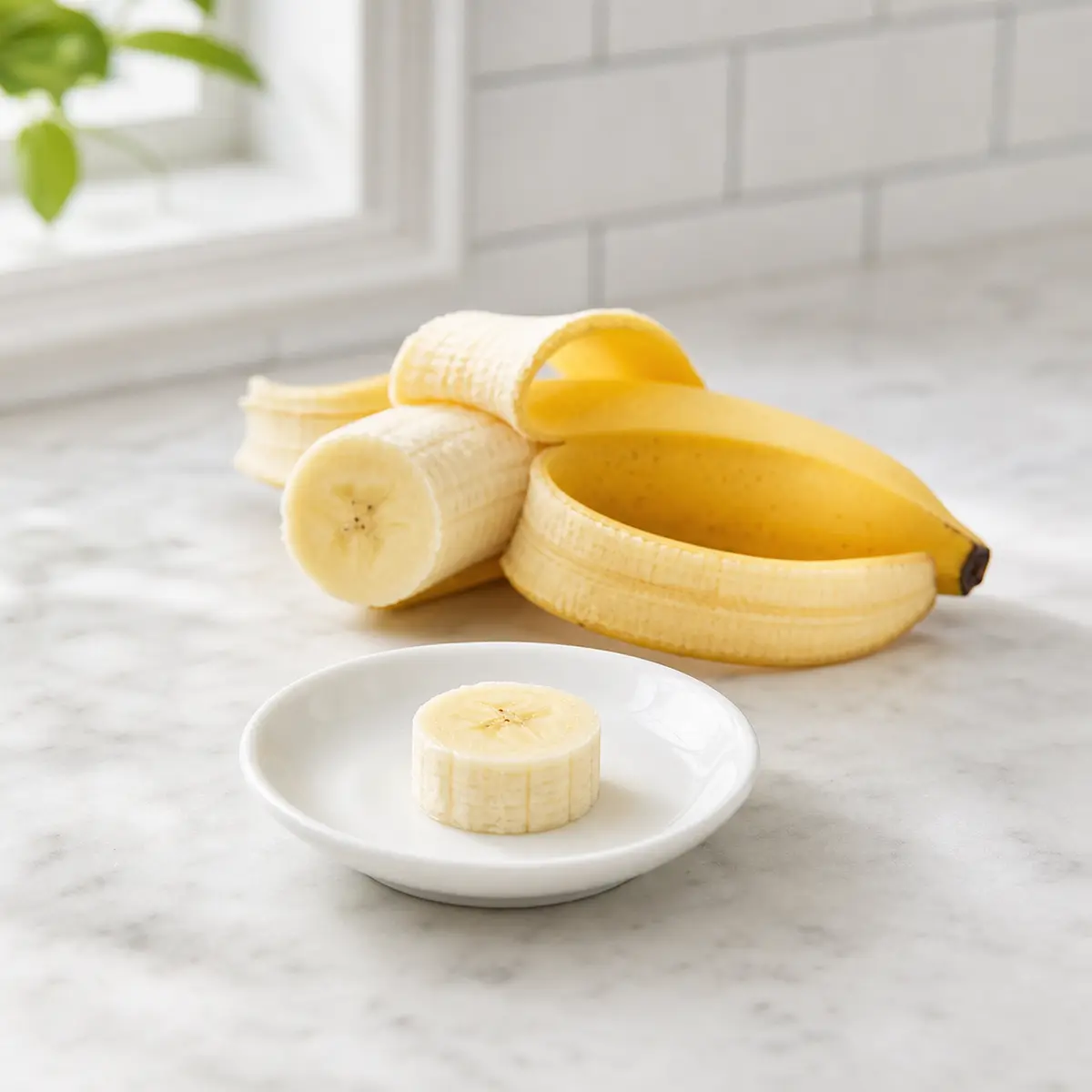 Tiny plain banana slice on a saucer