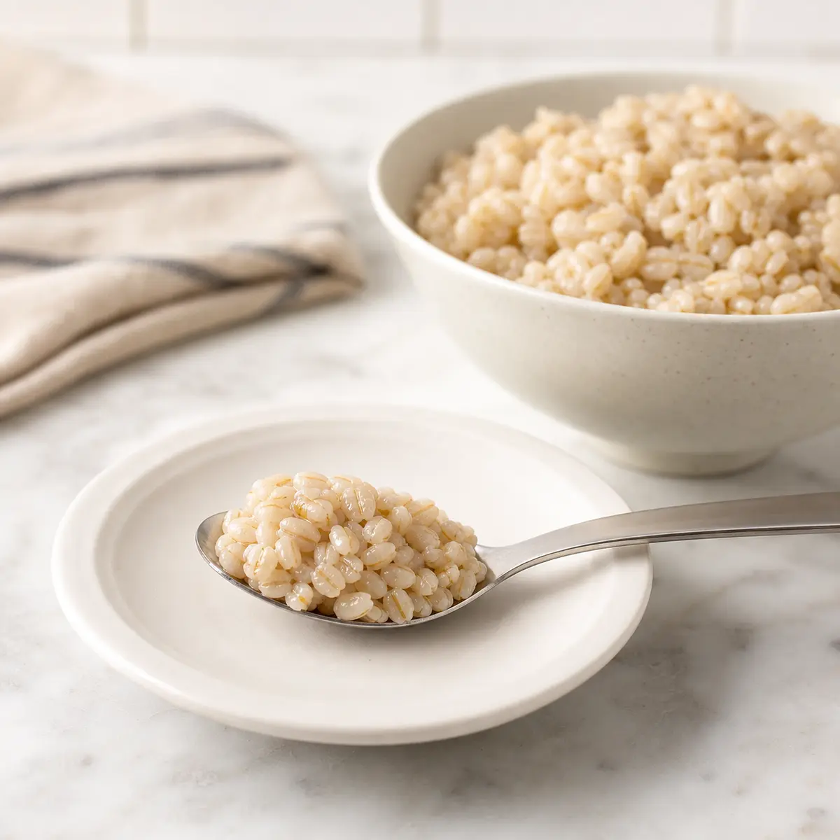 Tiny spoonful of plain cooked barley on a saucer