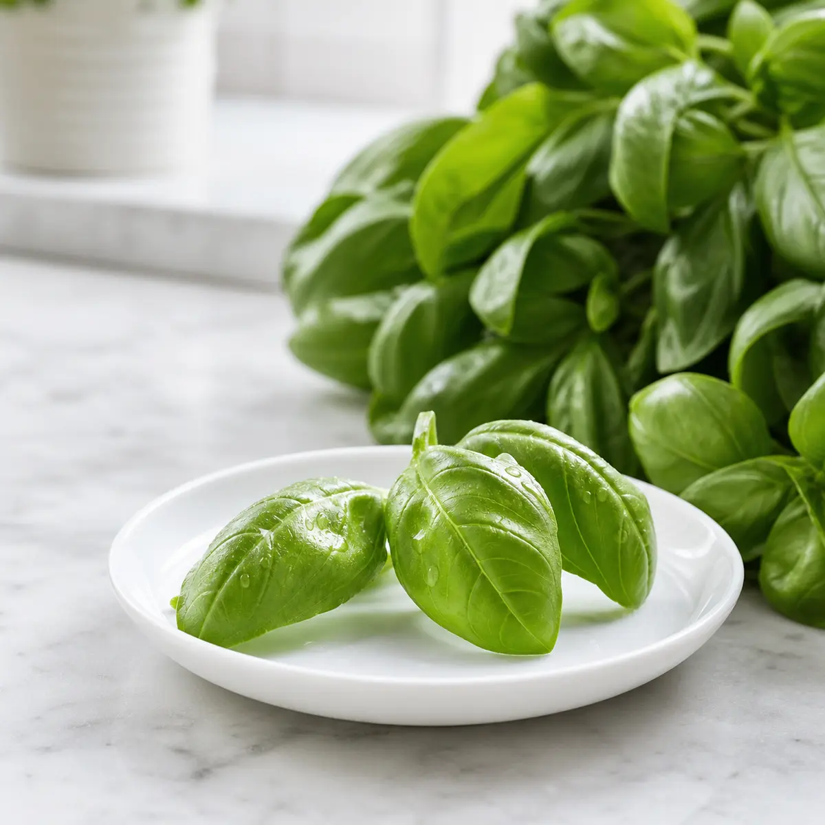 Fresh basil leaves on a small saucer