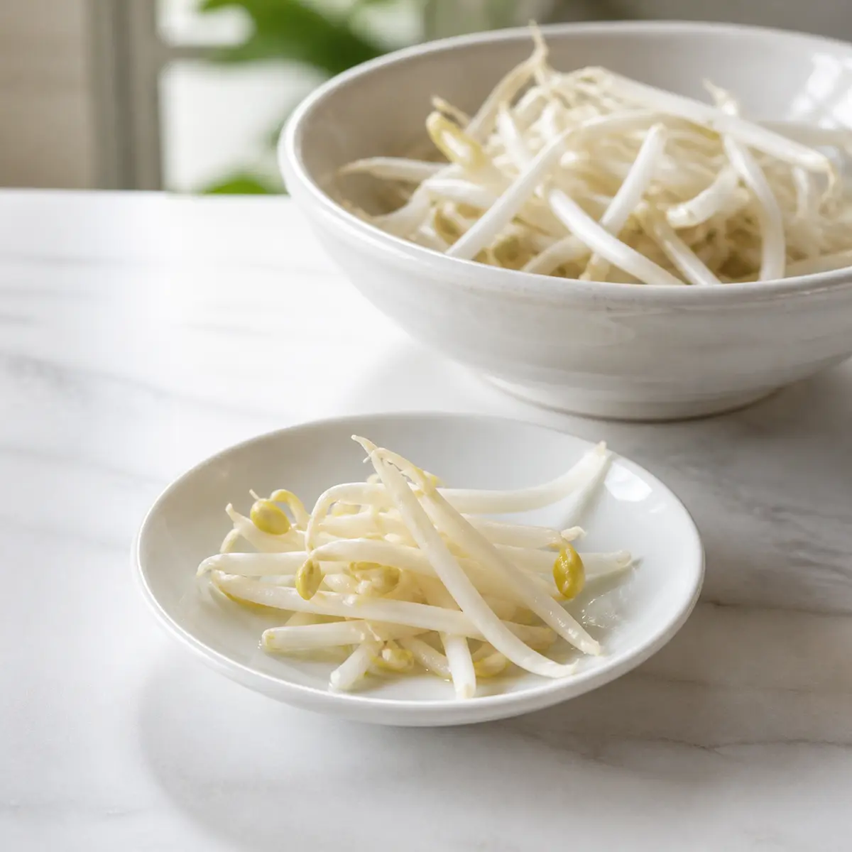 Tiny plain bean sprout portion on a saucer