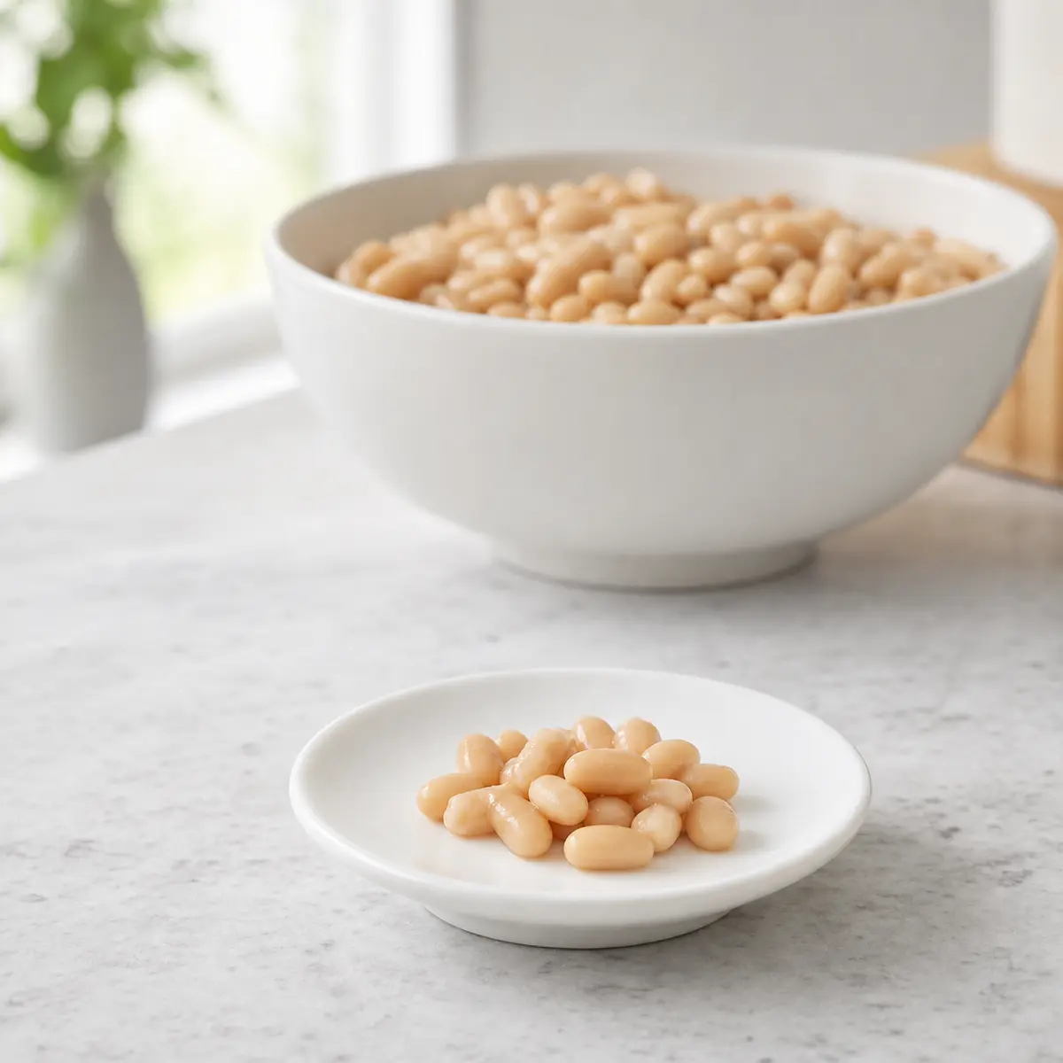 Tiny plain cooked bean portion on a saucer