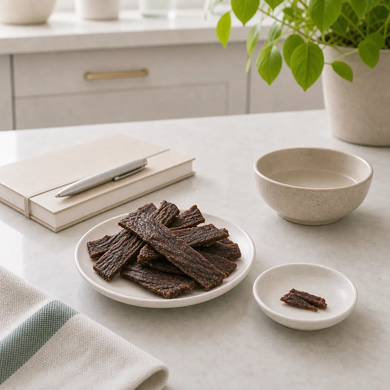 Beef jerky strips with one tiny torn piece separated on a saucer