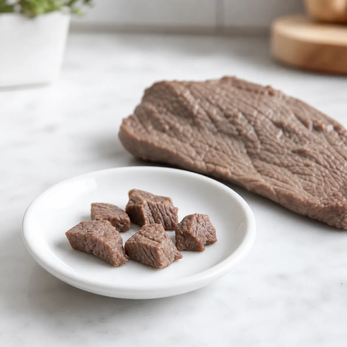 Tiny plain cooked beef pieces on a saucer