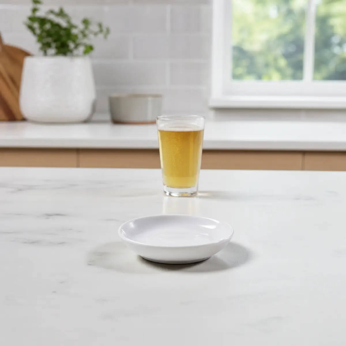 Beer set behind an empty saucer for a cat safety check