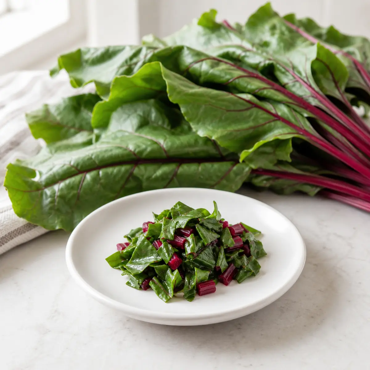 Tiny chopped beet greens portion on a saucer