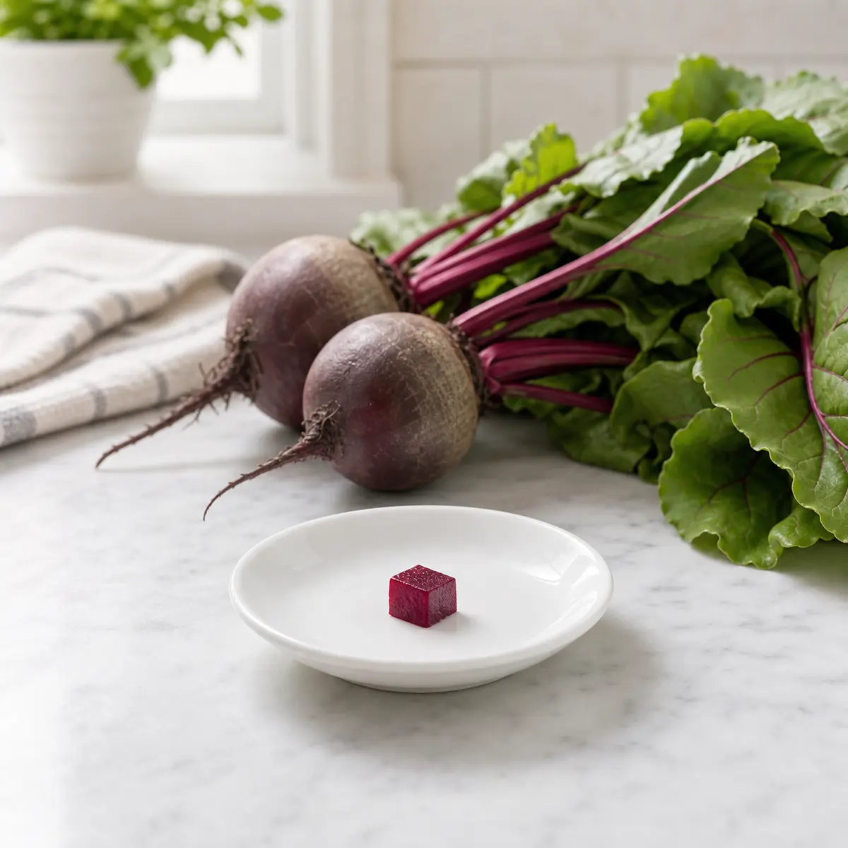 Tiny plain cooked beet cube on a saucer