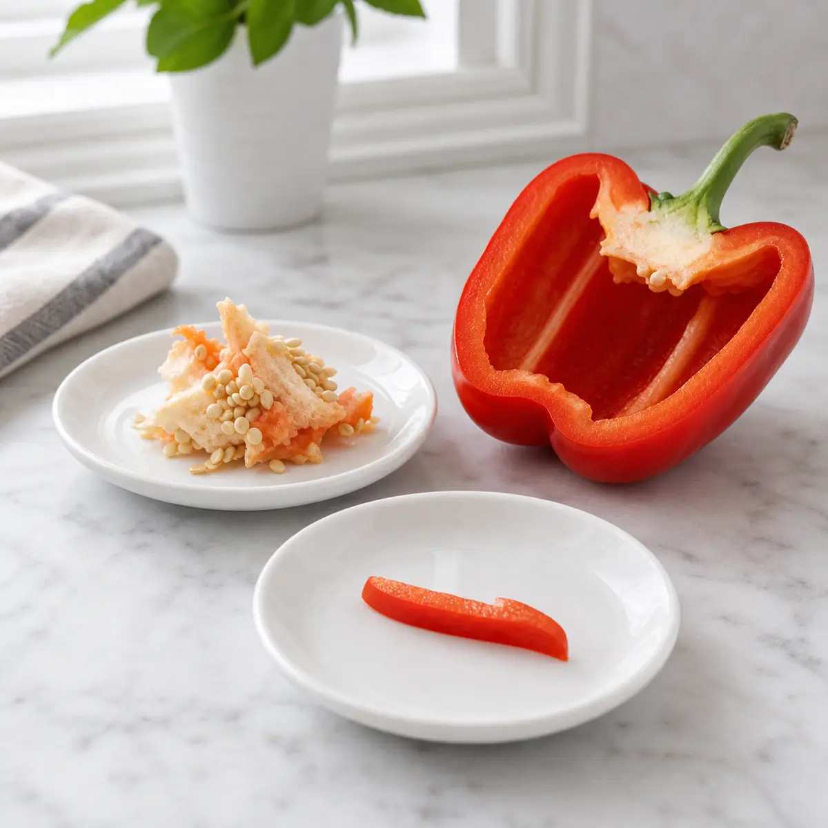 Bell pepper seeds removed beside a tiny seed-free pepper strip