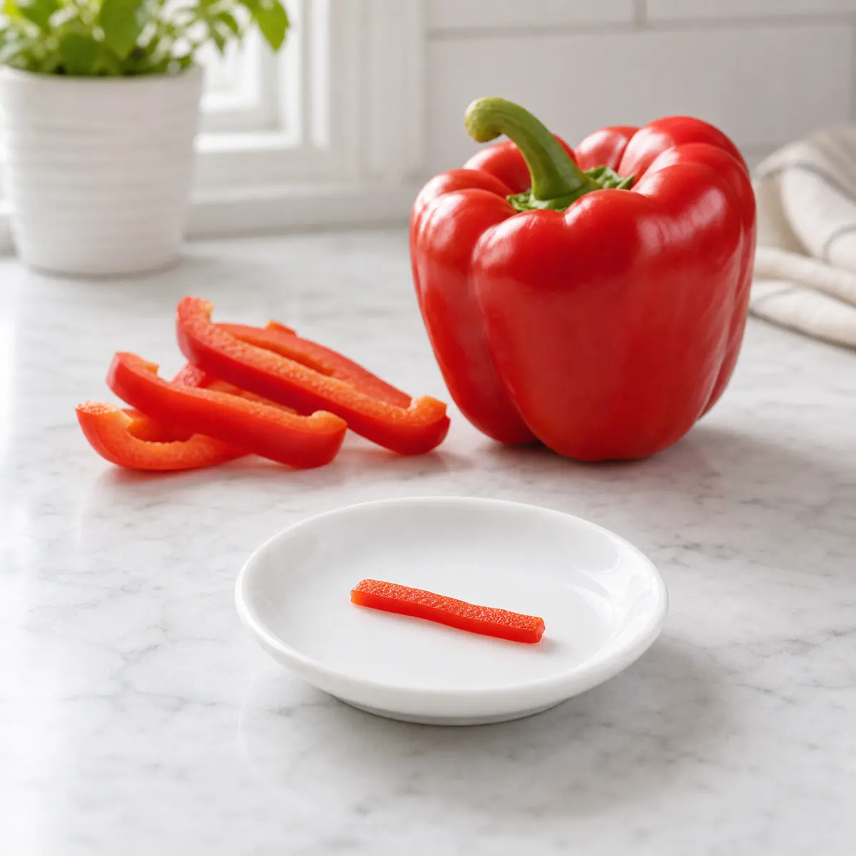 Tiny red bell pepper strip on a saucer