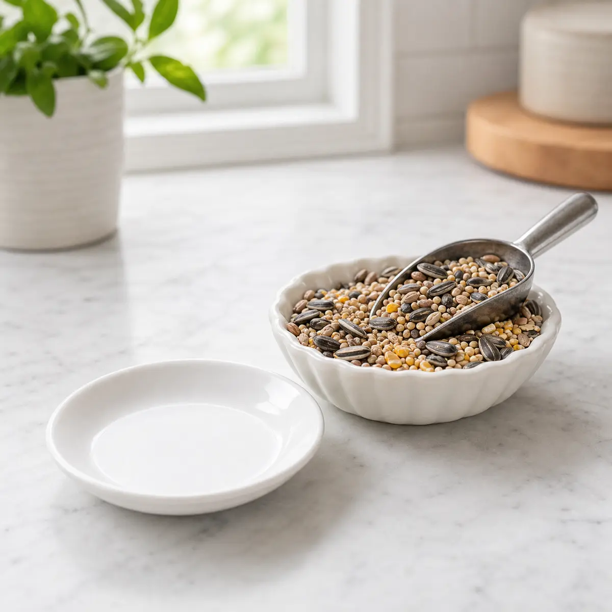 Mixed bird seed set beside an empty saucer