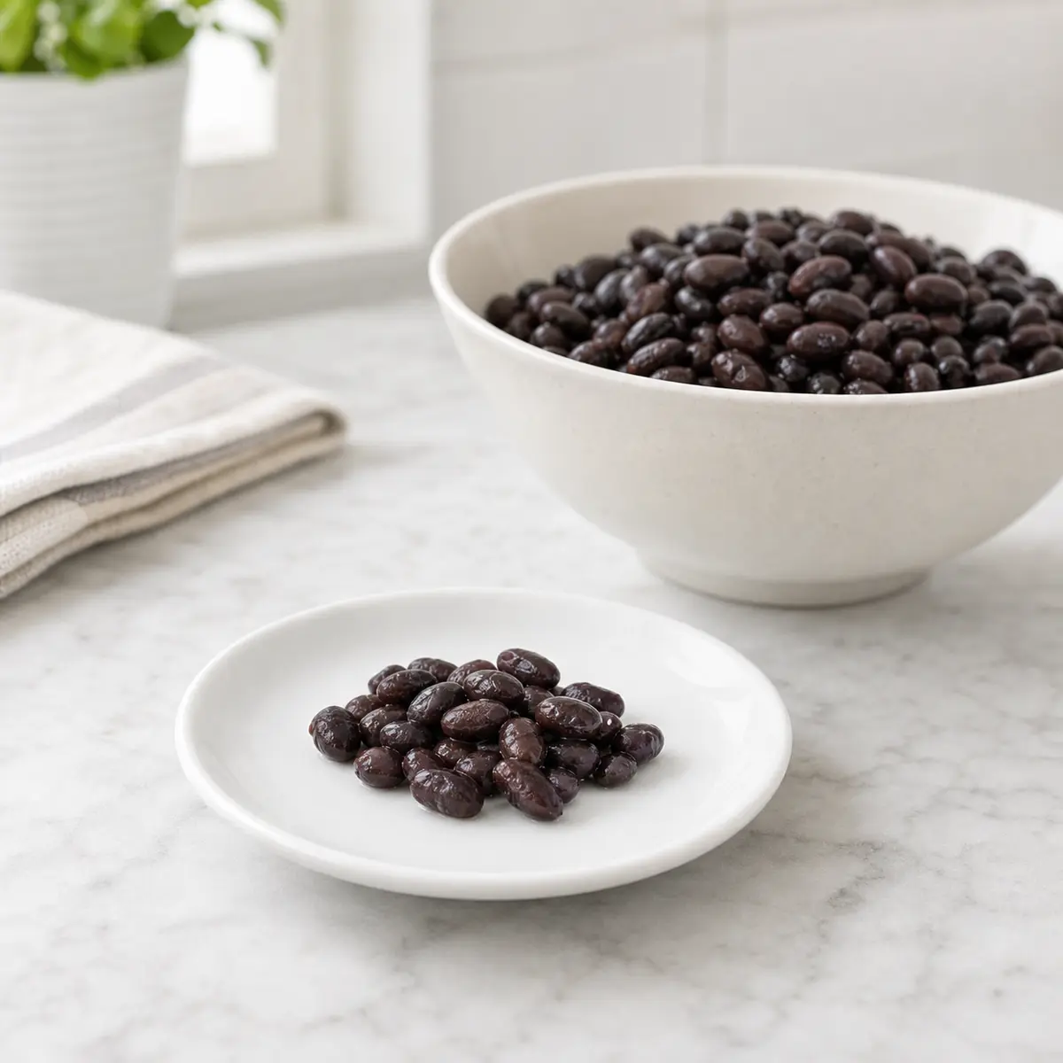 Tiny plain black bean portion on a saucer