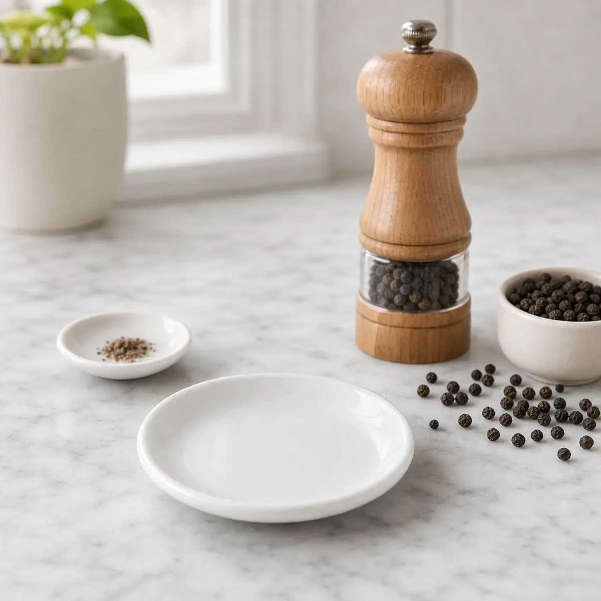 Black pepper grinder and peppercorns set away from a saucer
