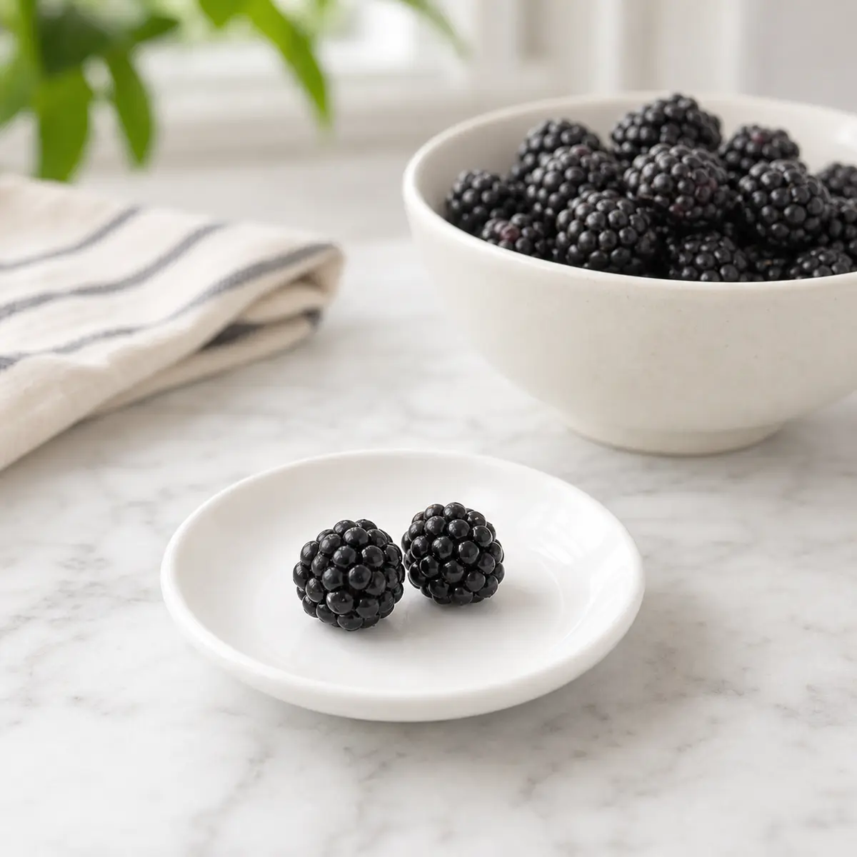 Tiny blackberry portion on a saucer