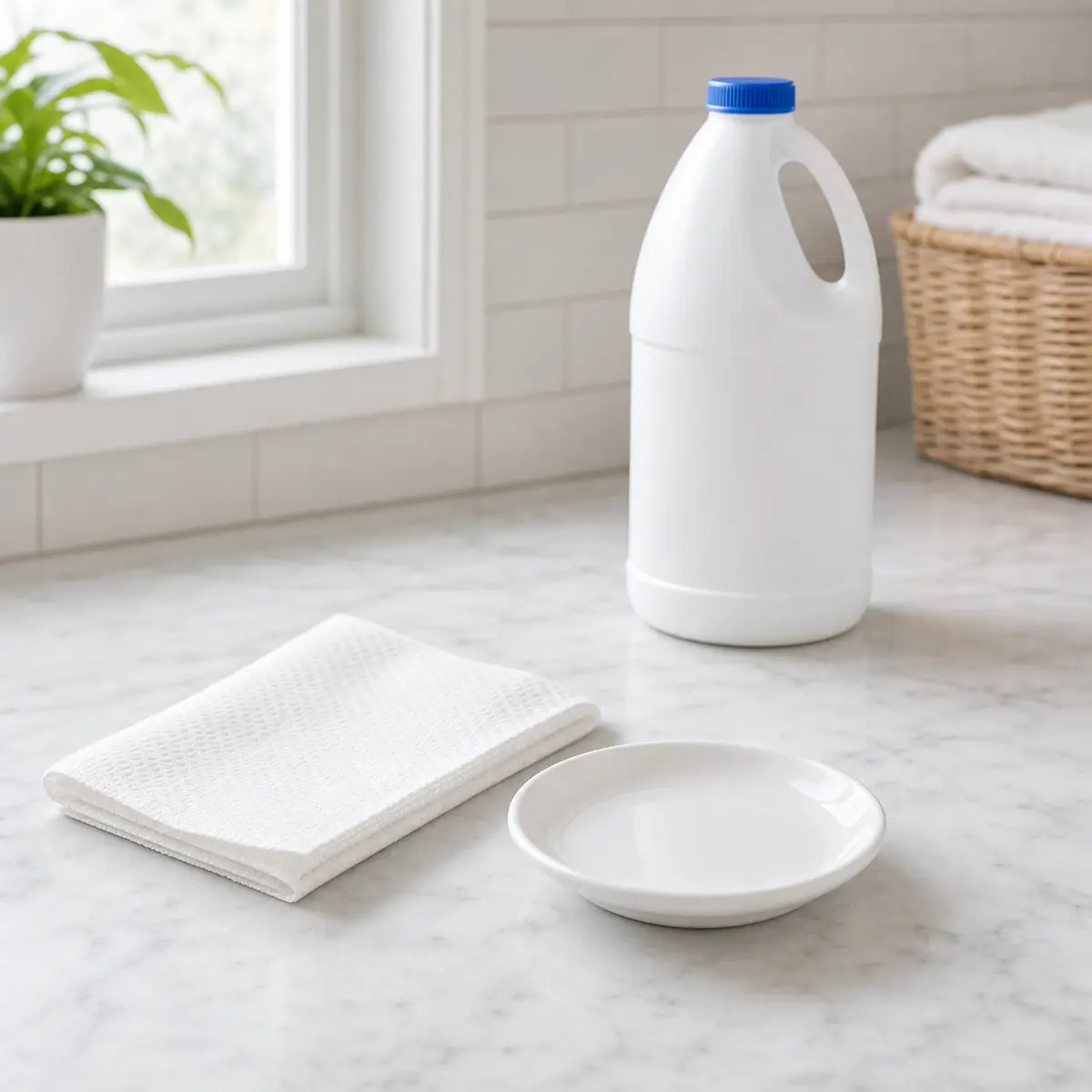 Closed bleach bottle set away from an empty saucer
