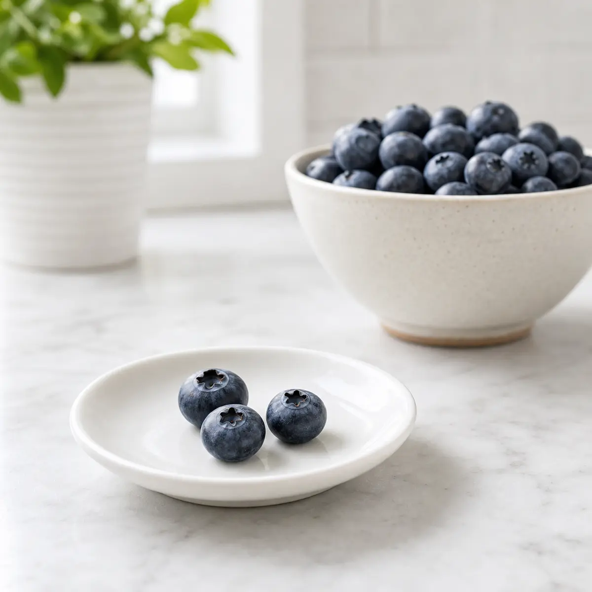 Tiny blueberry portion on a saucer