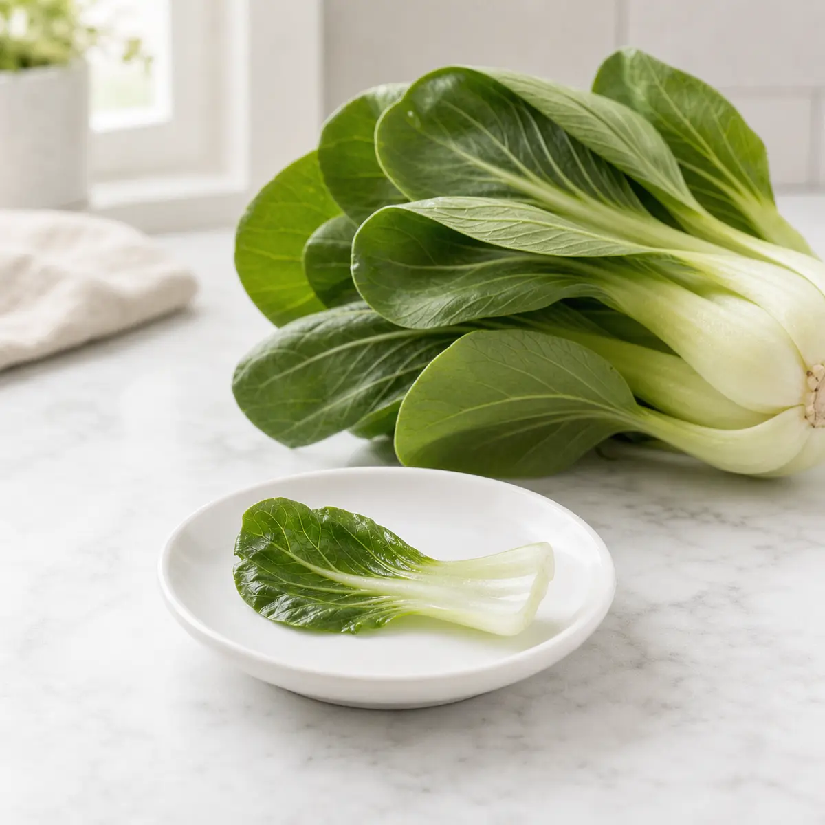 Tiny bok choy piece on a saucer