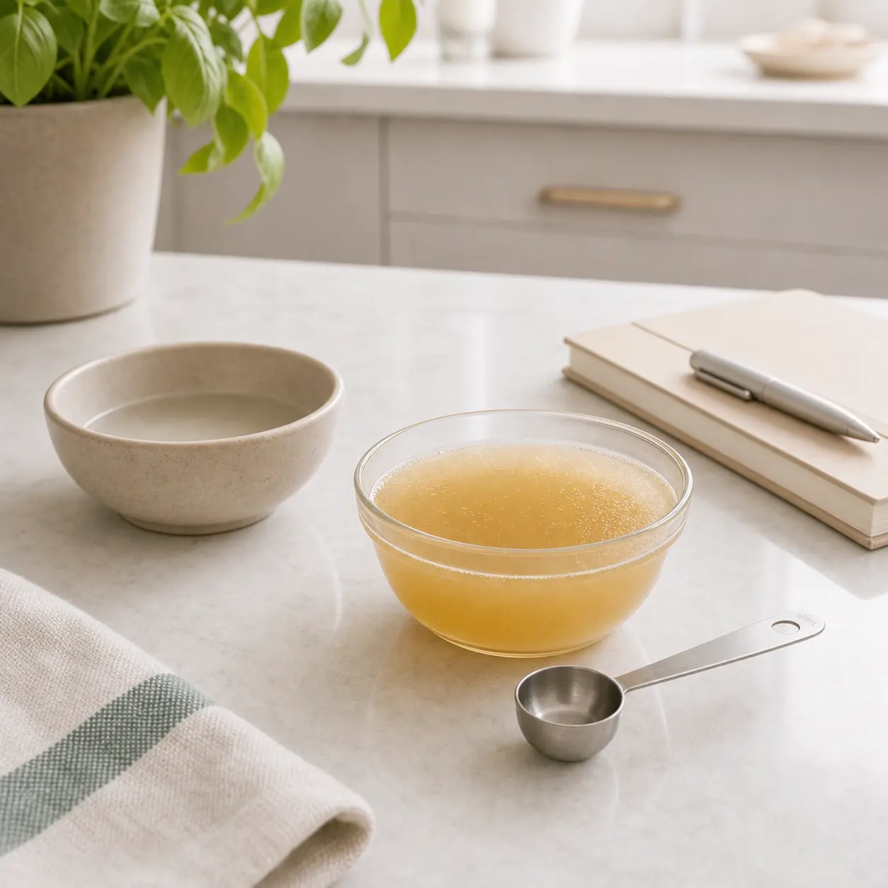 Plain bone broth in a small bowl with a measuring spoon