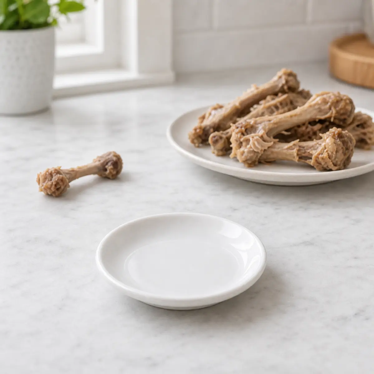 Cooked bones set away from an empty saucer