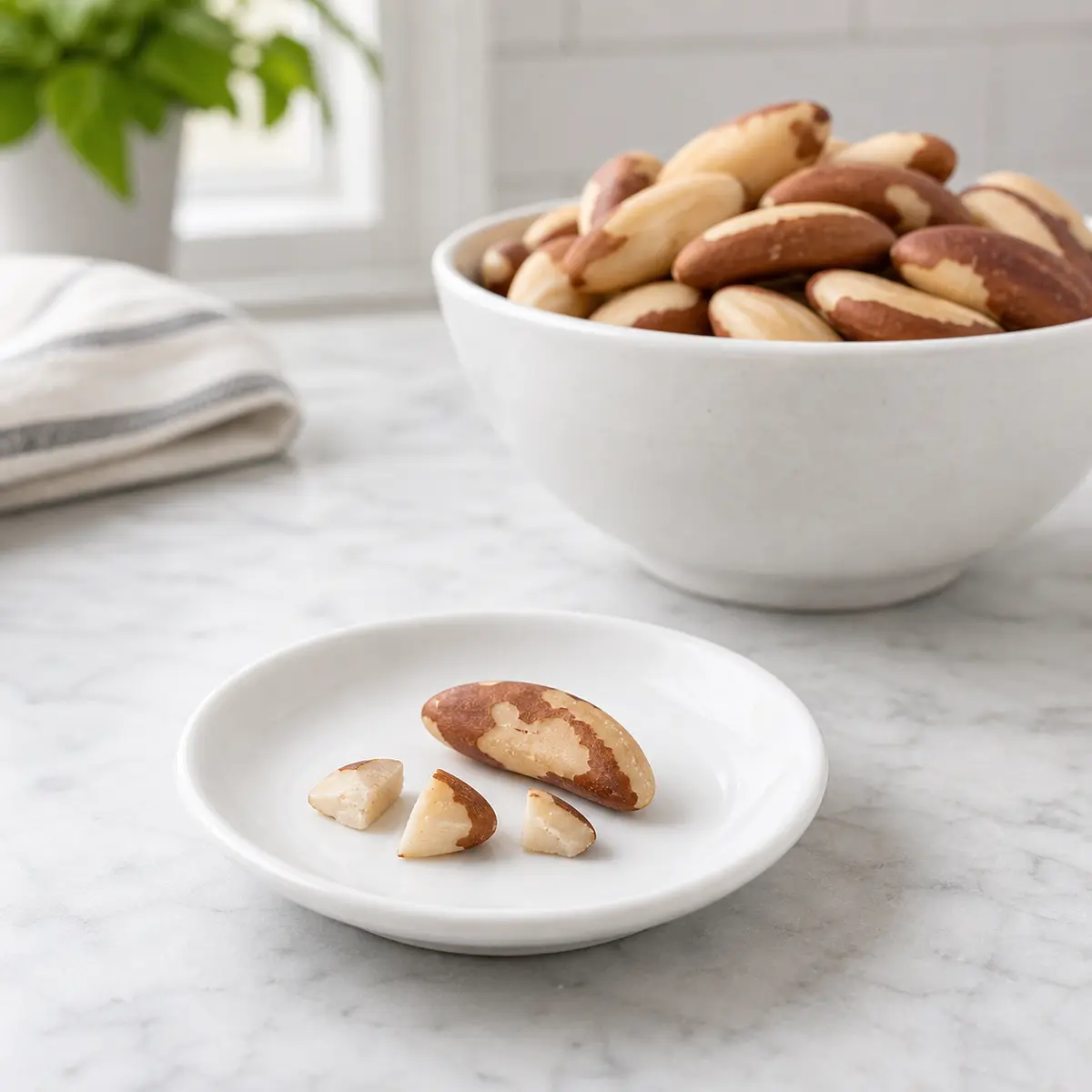 Brazil nut pieces on a saucer with whole nuts behind