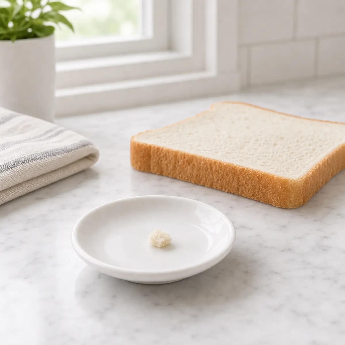 Tiny plain bread crumb on a saucer