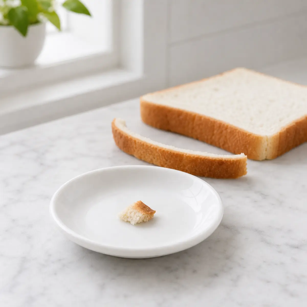Tiny plain bread crust crumb on a saucer