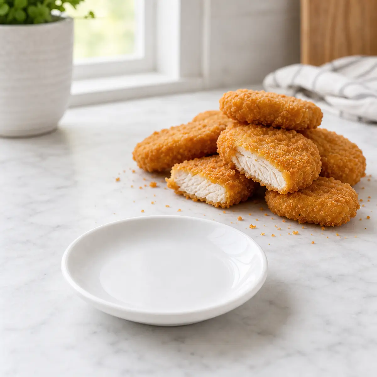 Breaded chicken set away from an empty saucer