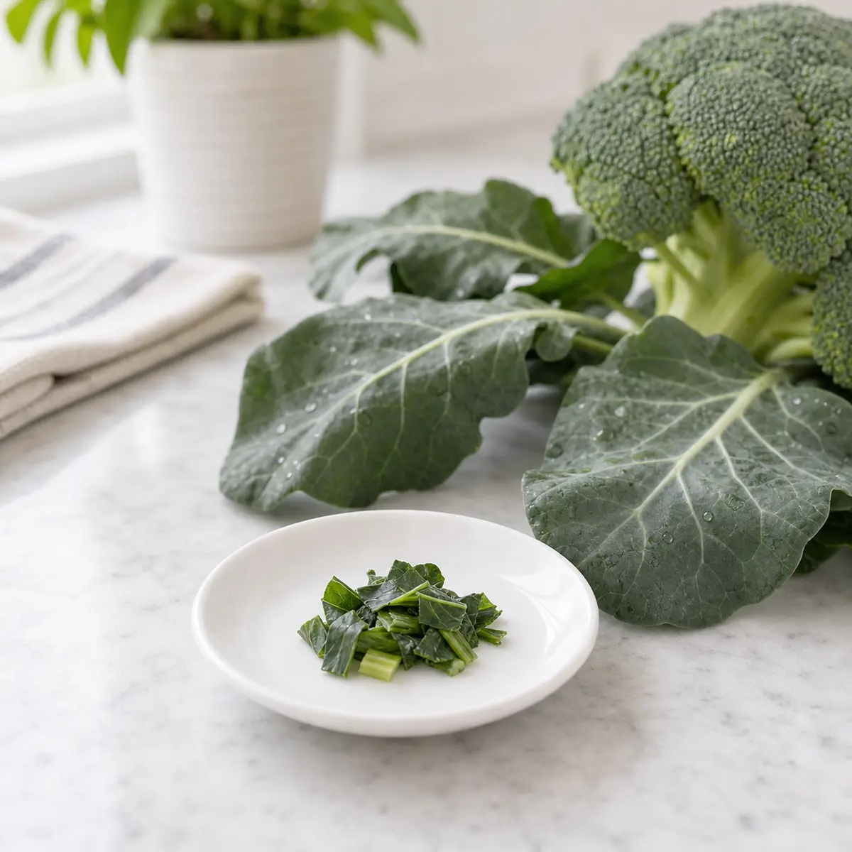Tiny chopped broccoli leaves on a saucer