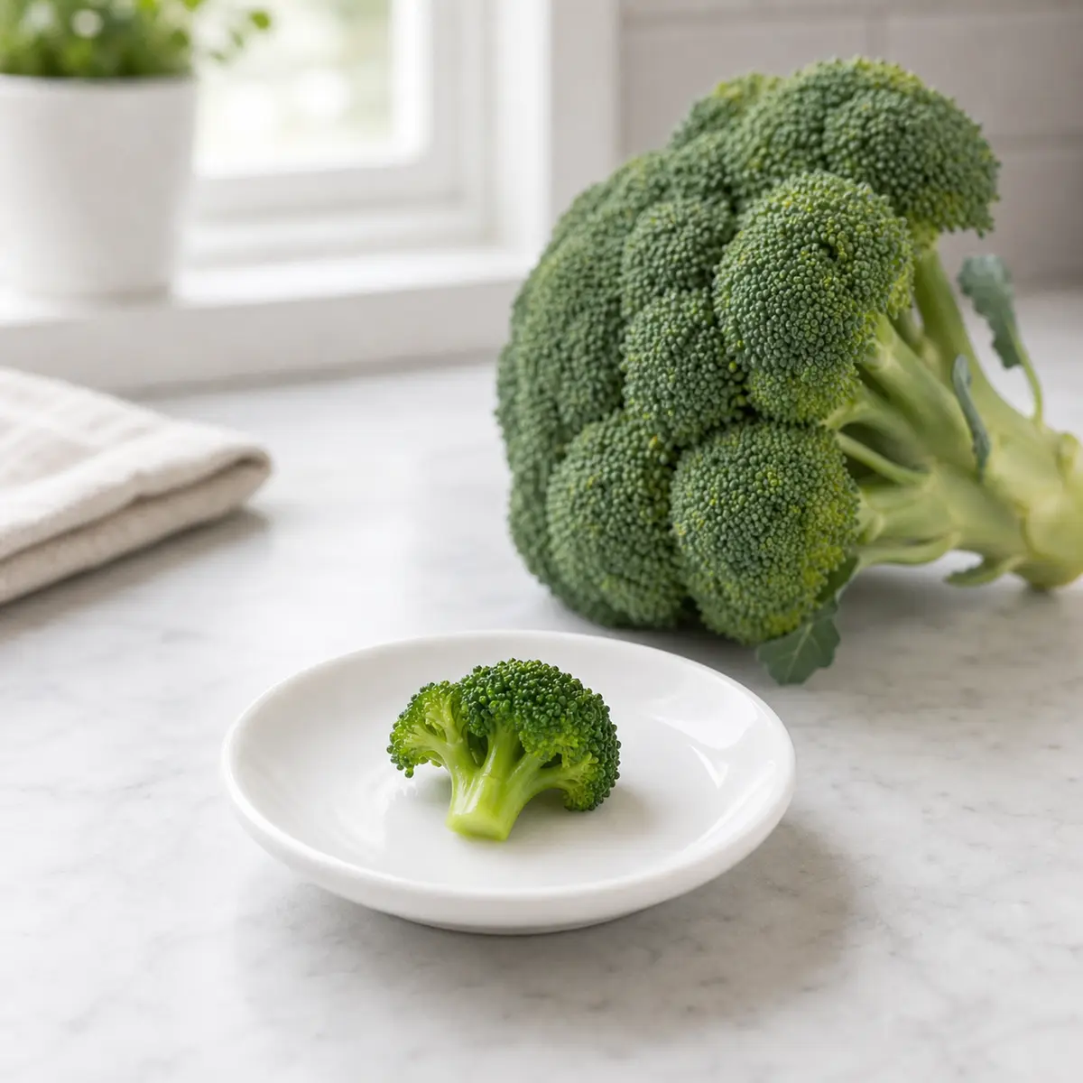 Tiny plain broccoli floret on a saucer