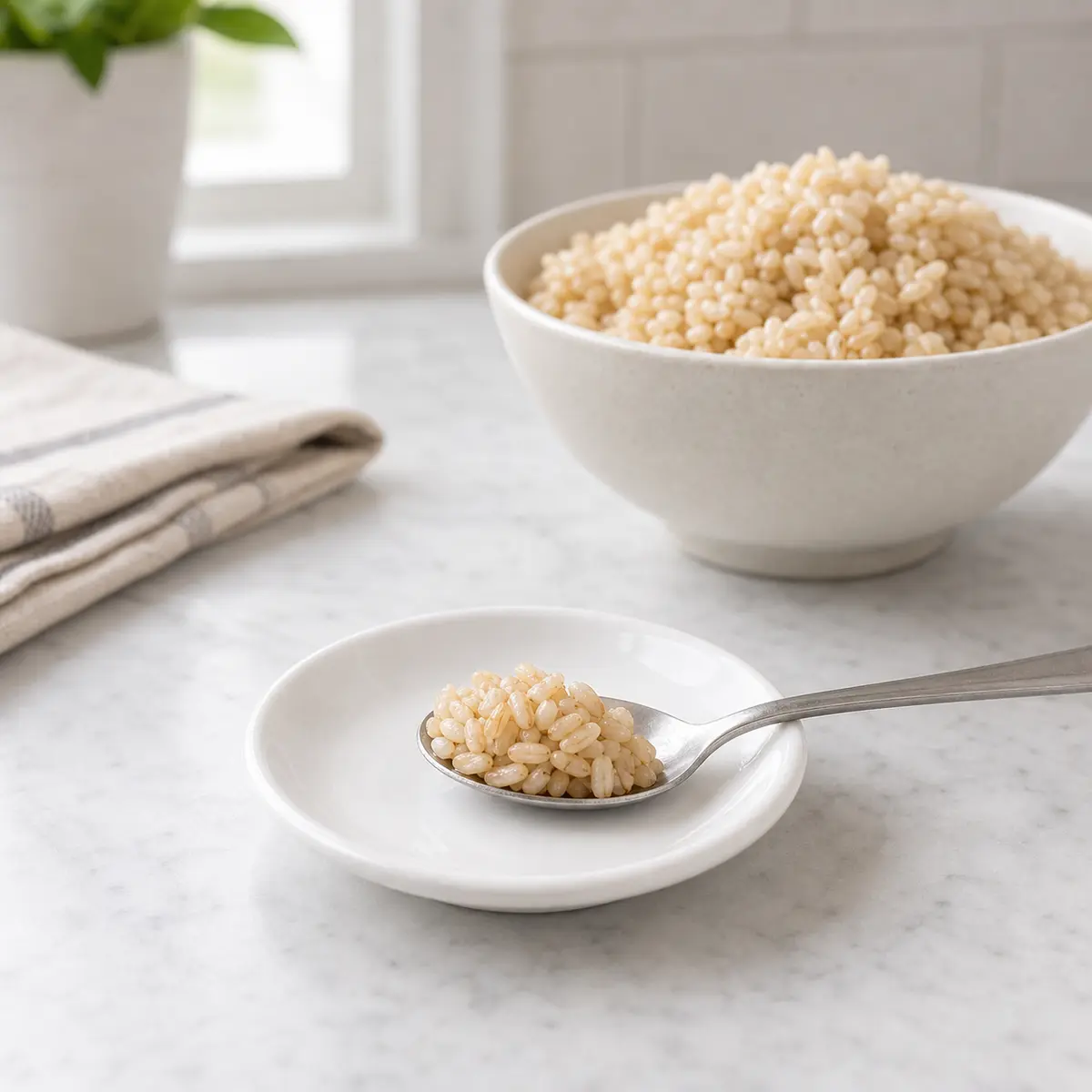 Tiny plain brown rice portion on a saucer
