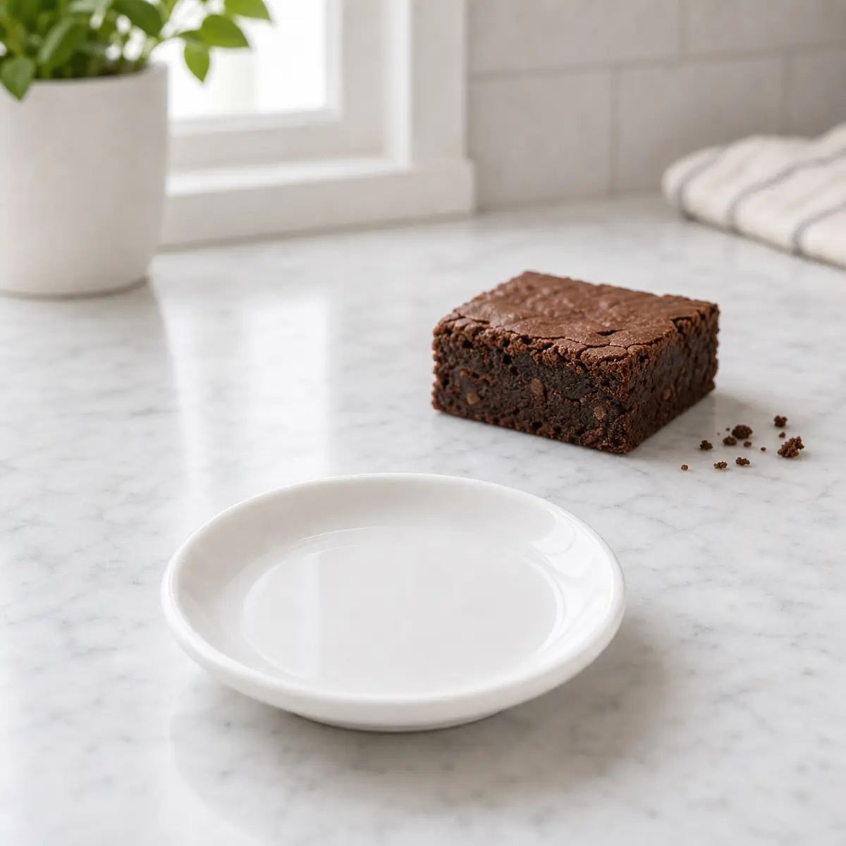 Brownie set away from an empty saucer