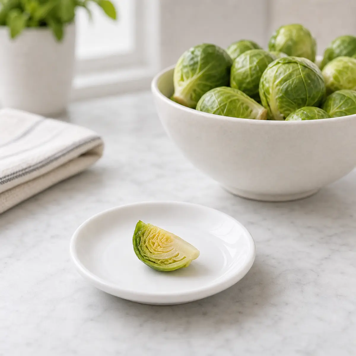 Tiny plain Brussels sprout quarter on a saucer